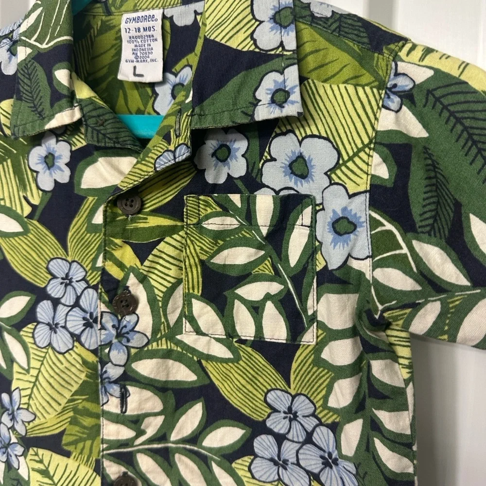 Infant Boys Vintage Gymboree Hawaiian Shirt Retro Tropical Palm Aloha Button Up